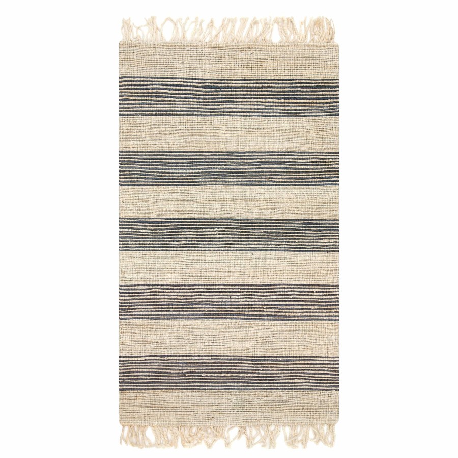 Rugs & Curtains * | (B497) Honeybloom Natural & Navy Striped Hand Woven Jute Accent Rug, 3 5 Fire Sale