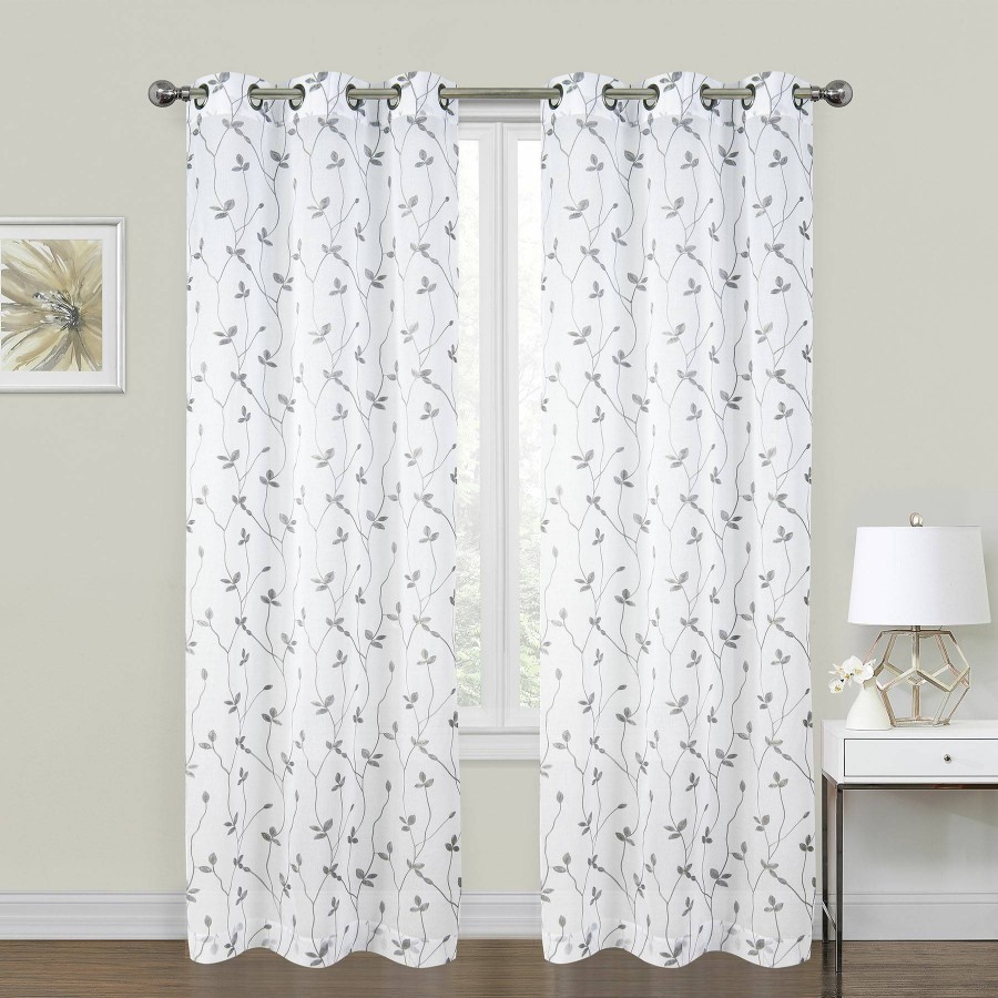 Rugs & Curtains * | 2-Pack White & Grey Embroidered Leaf Sheer Grommet Curtain Panels, 84 At Discount Prices