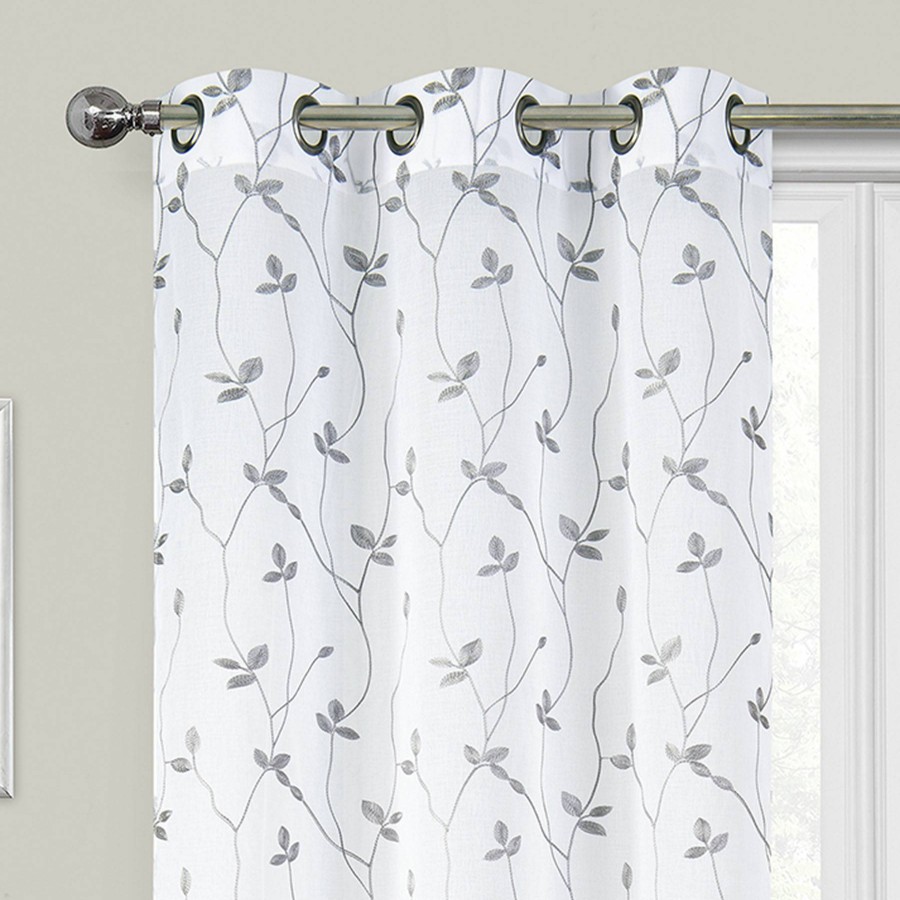 Rugs & Curtains * | 2-Pack White & Grey Embroidered Leaf Sheer Grommet Curtain Panels, 84 At Discount Prices