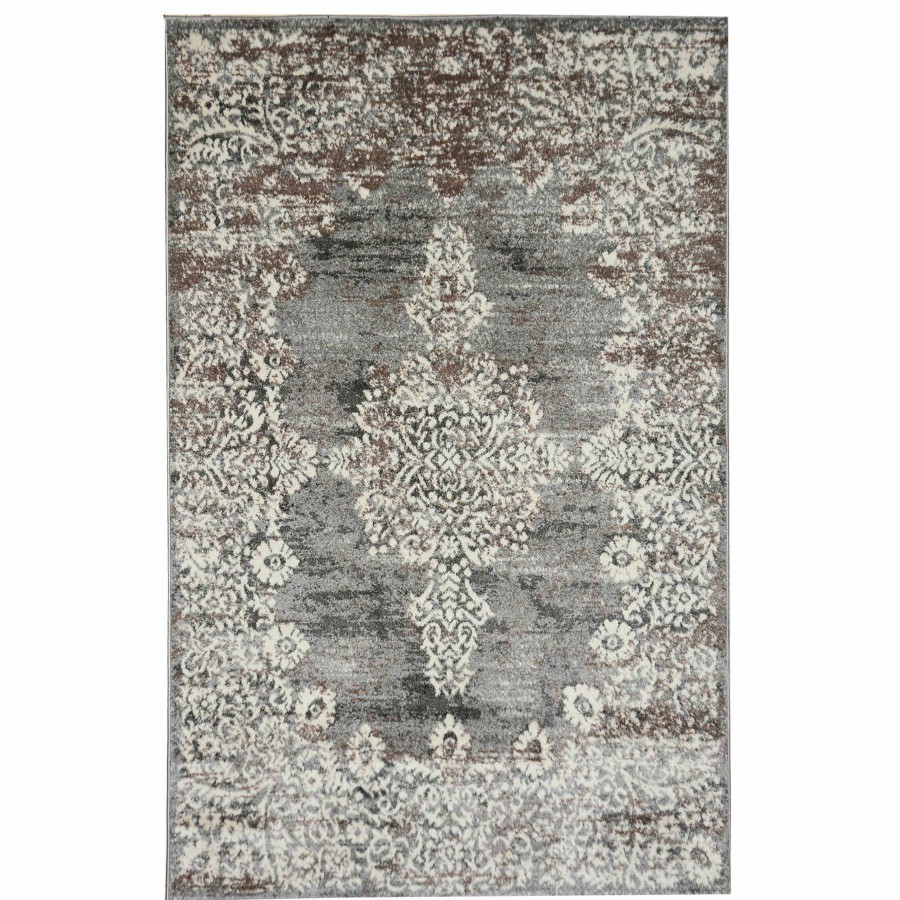 Rugs & Curtains * | (D393) Grey & White Antique Medallion Accent Rug, 3 5 Good Quality