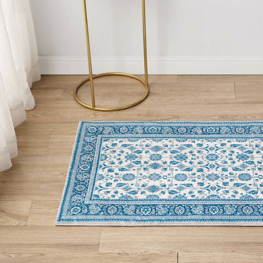 Rugs & Curtains * | Blue Damask Chenille Accent Rug, 27 45 Discount Store