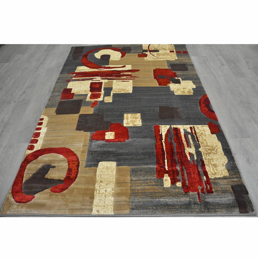 Rugs & Curtains * | (B142) Modern Beige & Red Abstract Area Rug, 5 7 Fire Sale