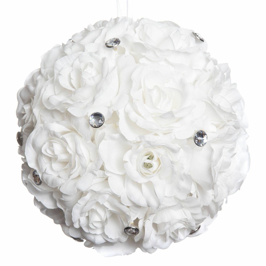 D Cor & Pillows * | 8In White Rose Kissing Ball W/Rhinestones Good Quality