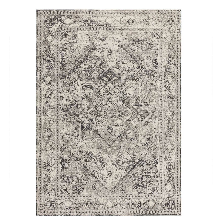 Rugs & Curtains * | (B548) Villa Distressed Look Dark Grey & Cream Area Rug, 5 8 Discount Store