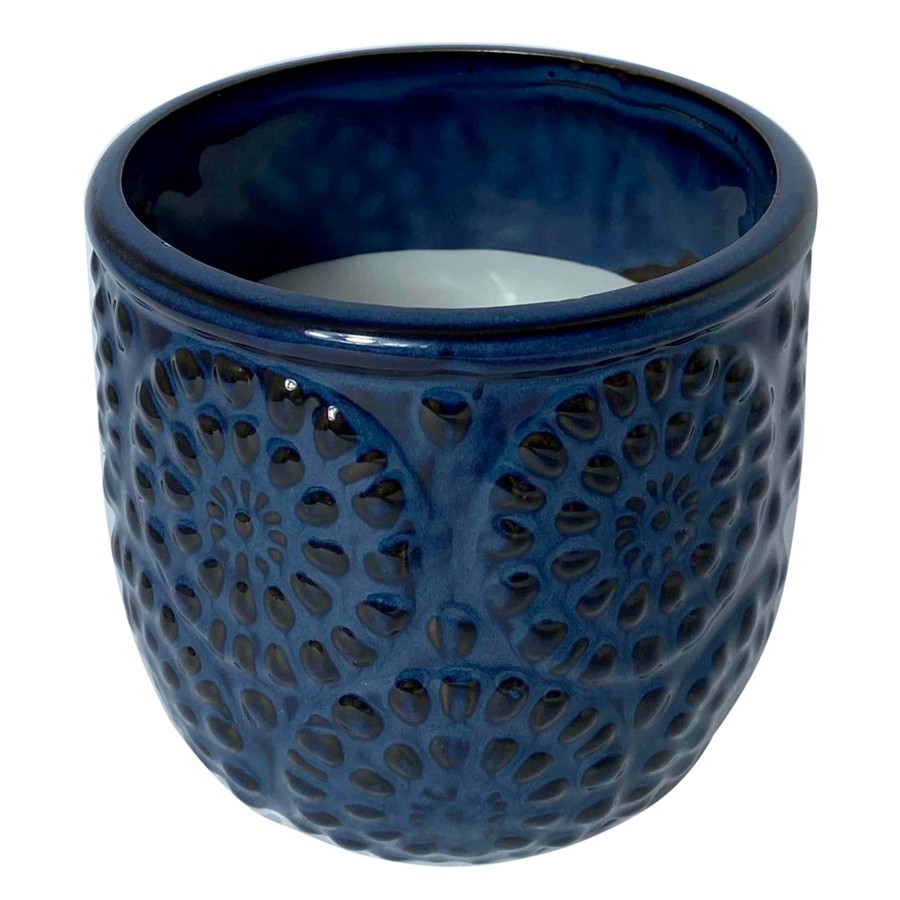 D Cor & Pillows * | Blue Floral Embossed Ceramic Citronella Candle, 10Oz Reliable Quality